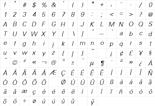 Uniform Italic  glyph index