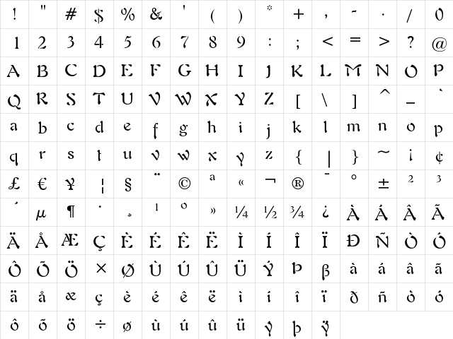 Freeform 721 Regular  glyph index