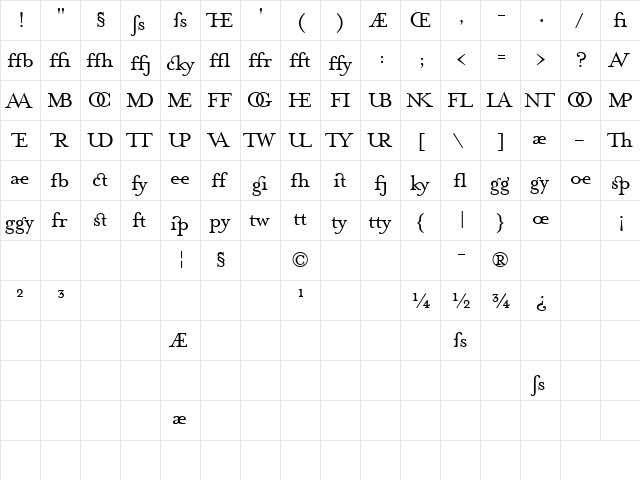 MrsEavesJustLig Regular  glyph index