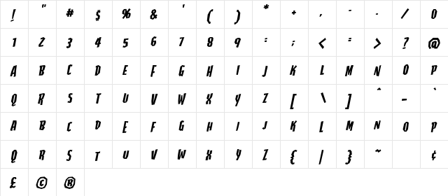 Highjinks BB Italic  glyph index