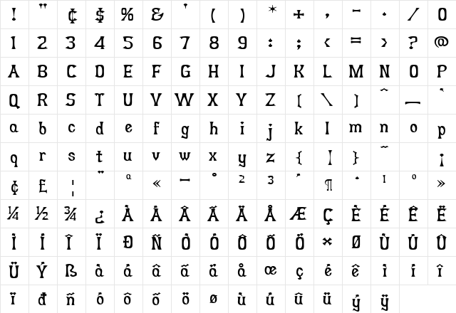 UUeirdie Bold  glyph index