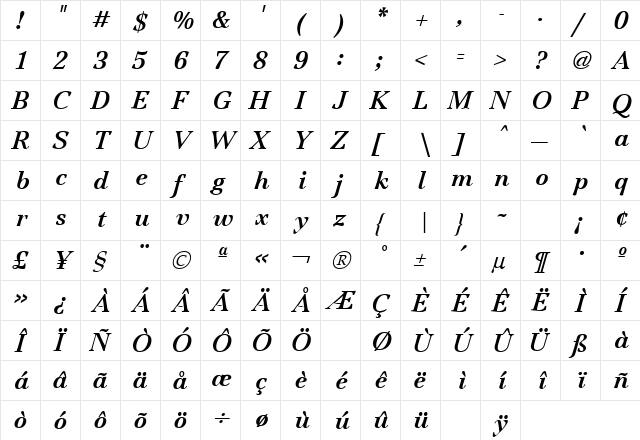 Jamille Bold Italic  glyph index