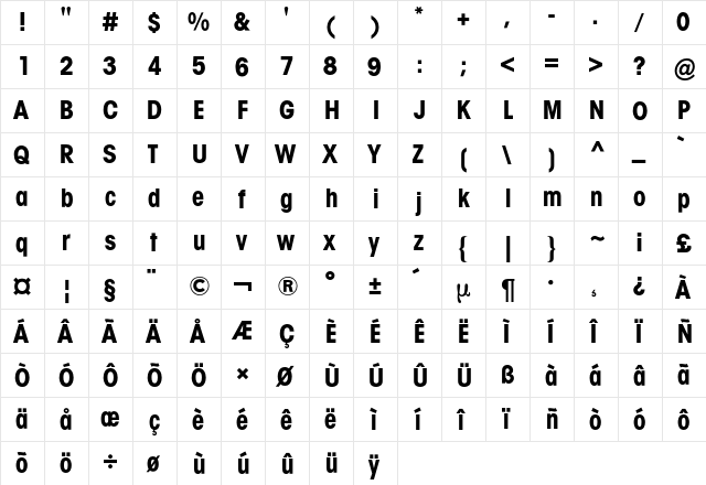 Avant Garde Condensed BQ Regular  glyph index