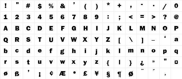 FranklinGothhvy Regular  glyph index