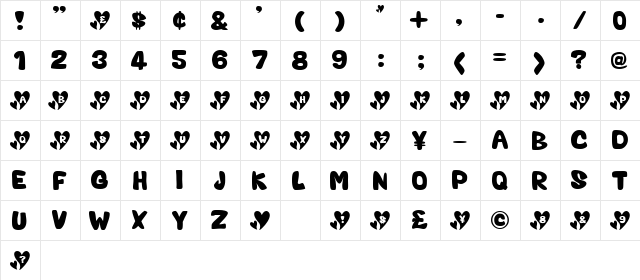 Valentine Caps  glyph index