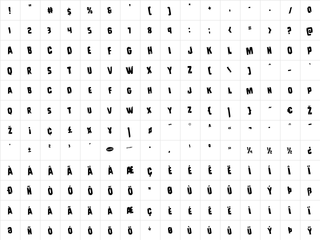 Leatherface Rotated Regular  glyph index