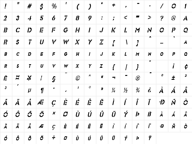 Templett S Condensed Italic  glyph index