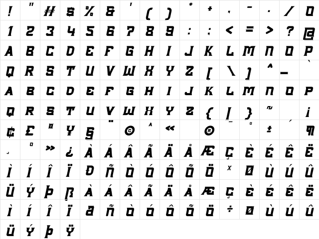 Big Lake Italic Regular  glyph index
