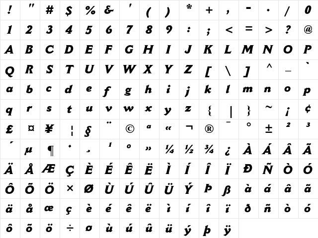 Cantoria MT Extra Bold Italic  glyph index