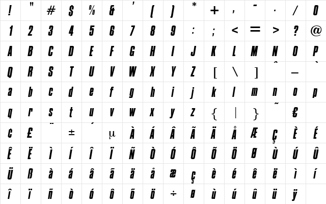 PompejiItalic Regular  glyph index