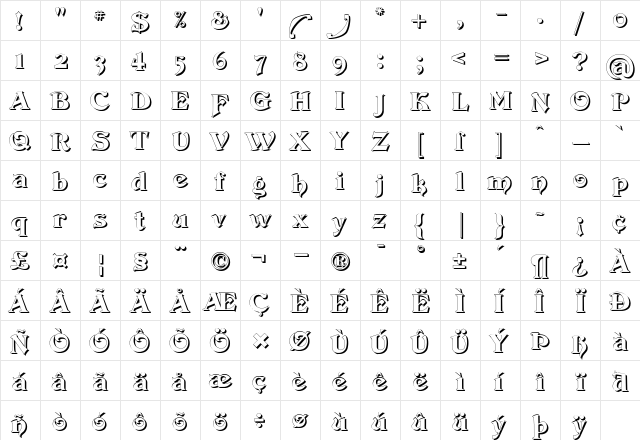 DevinneSwashShadow Regular  glyph index