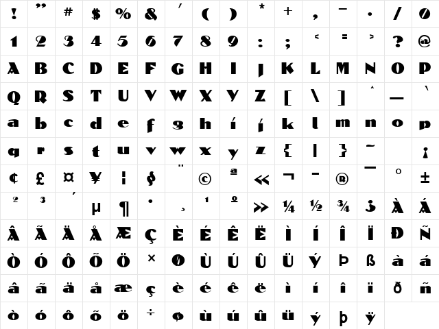 Constantine Normal  glyph index
