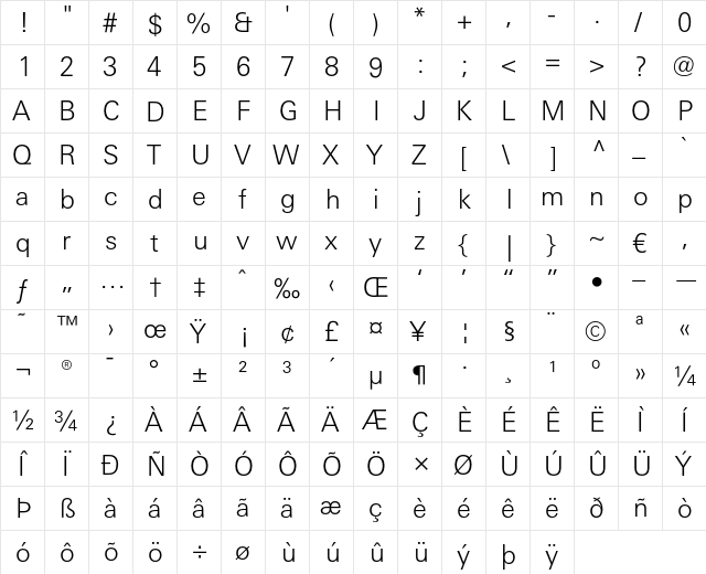 LTUnivers 330 BasicLight  glyph index
