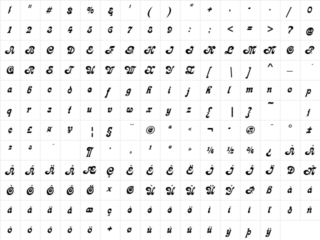KalligraphiaD Regular  glyph index