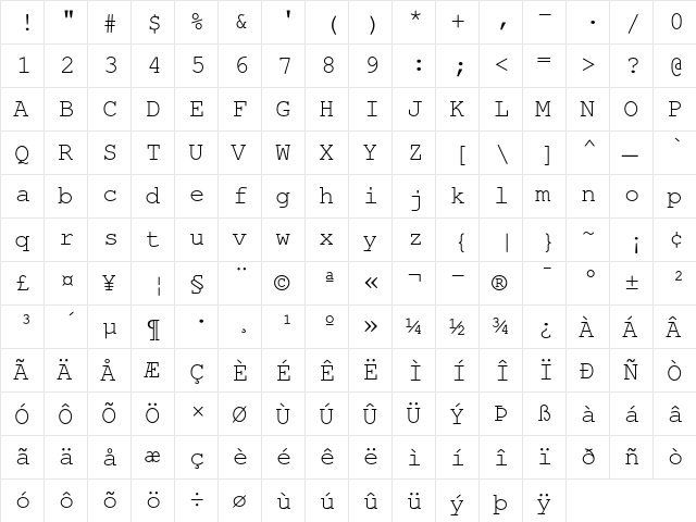 Nimbus Mono Regular  glyph index