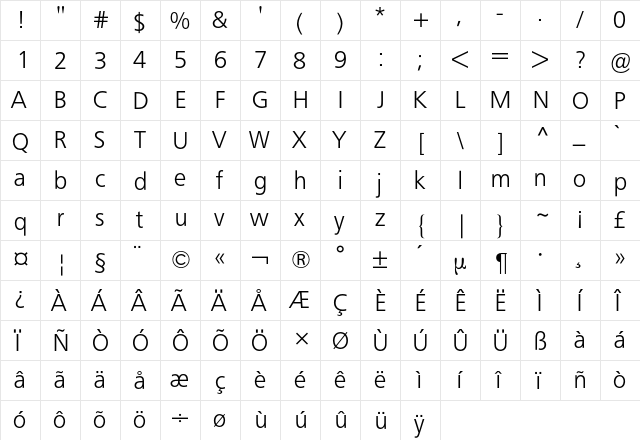 Frutiger BQ Regular  glyph index