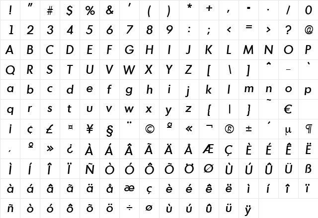 Montreal-MediumIta Regular  glyph index