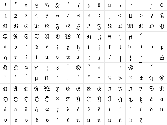 Wittenberger Fraktur MT Dfr Regular  glyph index