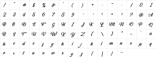 Sabatons Script DEMO Regular  glyph index