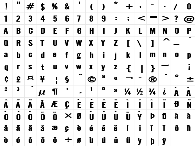 Eng Gothic Extended Bold  glyph index