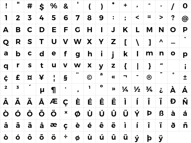 Trueno SemiBold  glyph index