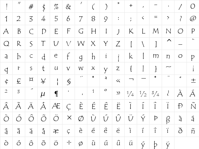 TempusSansITC Bold  glyph index