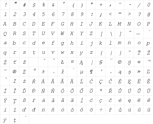 NimbusMonLEE Italic  glyph index