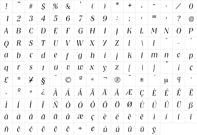 Nashville-LightIta Regular  glyph index