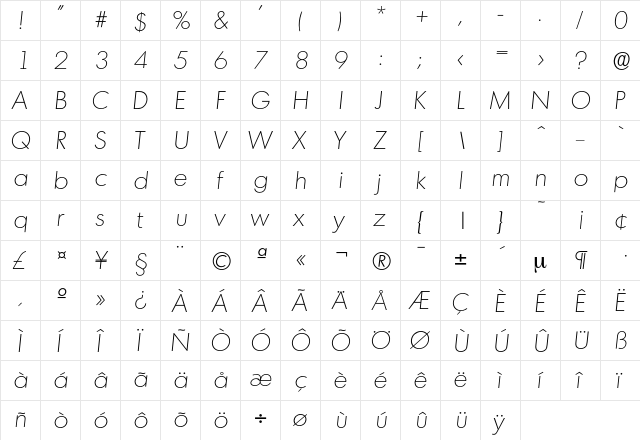 Montreal-XlightIta Regular  glyph index