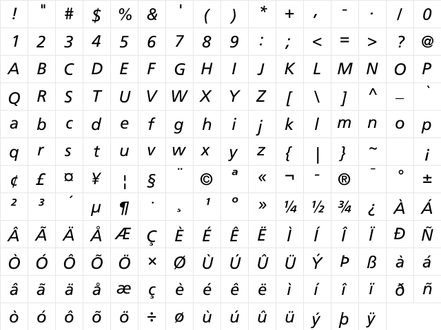 Frutiger LT Com 56 Italic  glyph index