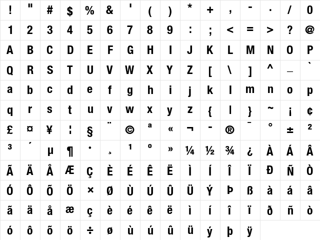 Helvetica Neue 77 Bold Condensed  glyph index