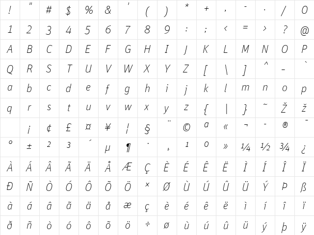 Unit-ThinItalic Regular  glyph index