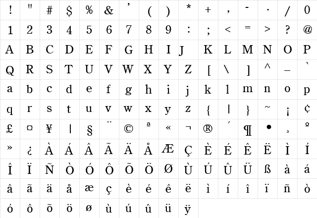 Schuyler Regular  glyph index