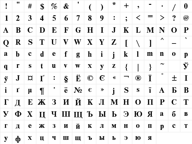 NewtonC Bold  glyph index
