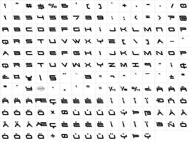 Dodger Leftalic Italic  glyph index