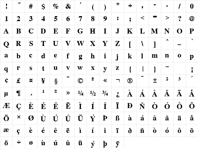Roman Bold  glyph index