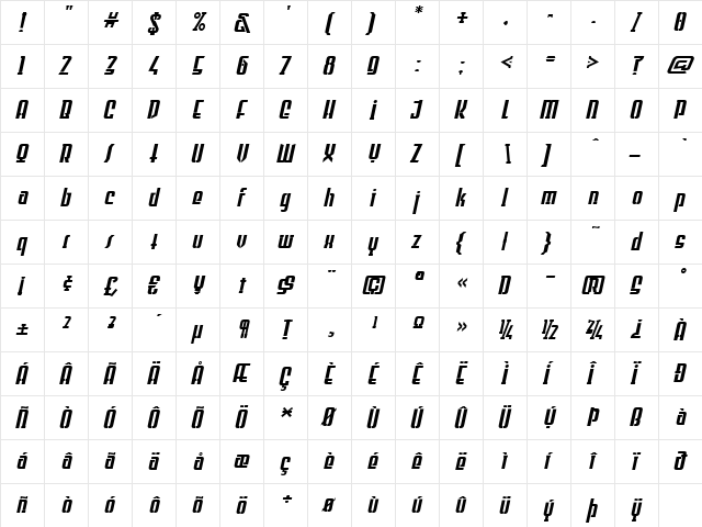 WILD1 Firstvision Exegesis Bold Italic  glyph index