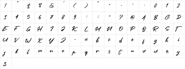 Clusive Regular  glyph index