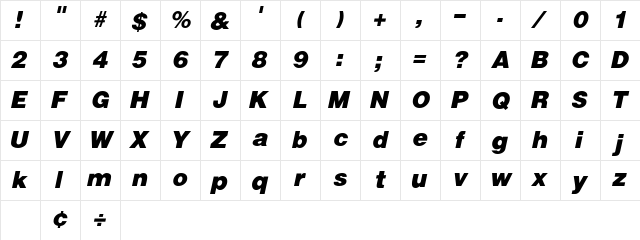 VivasSSK BoldItalic  glyph index