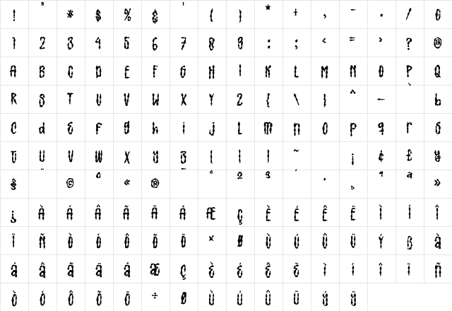 Spooky Fingers Regular  glyph index
