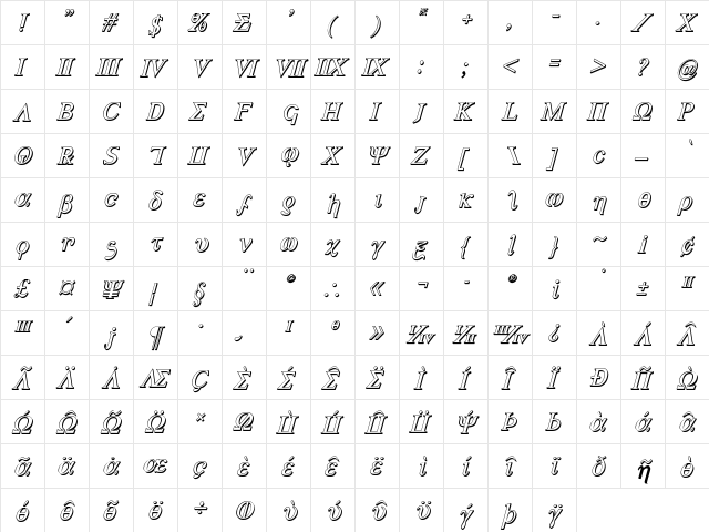 Achilles 3D Italic Italic  glyph index