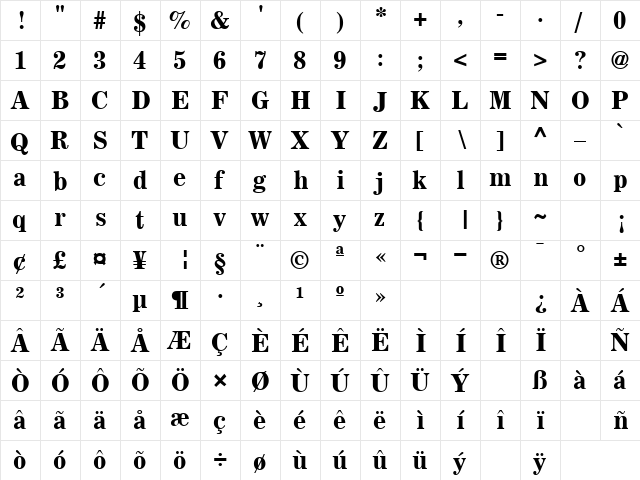 Sachem Bold  glyph index