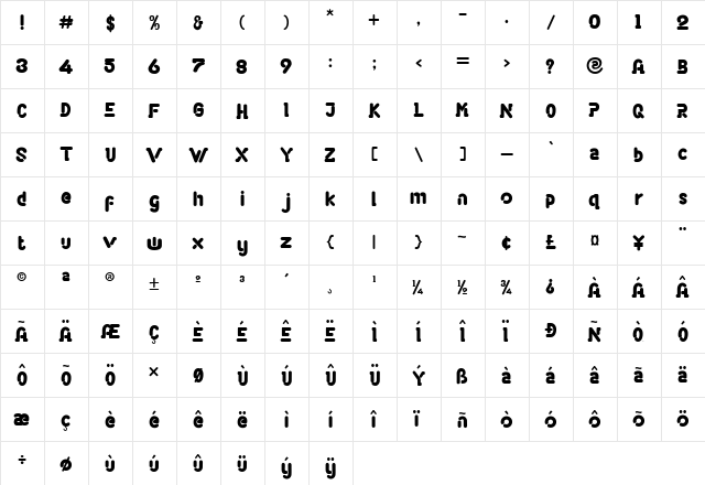 THE CALVIR Regular  glyph index