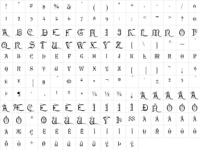 P22 Kilkenny Swash Caps Swash Caps  glyph index