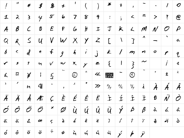 GarthsHand Regular  glyph index