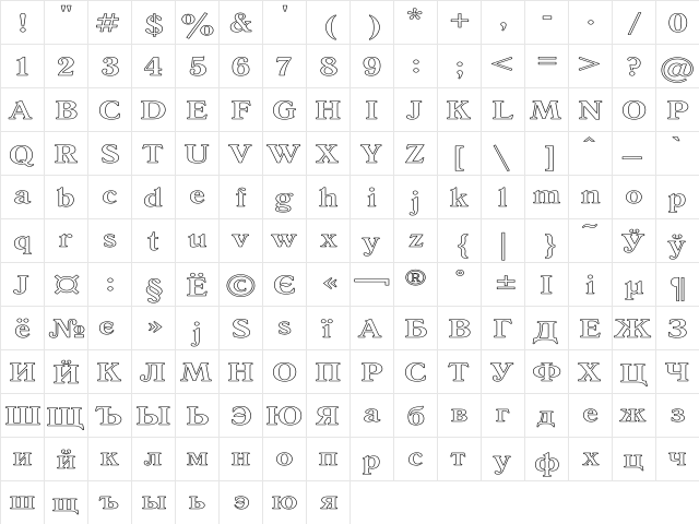 Antiqua HW Regular  glyph index