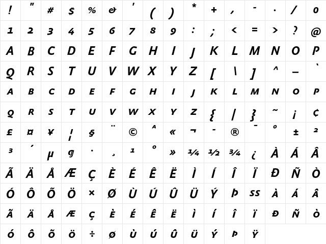 AbsaraSansTF-BoldItalicSC Regular  glyph index