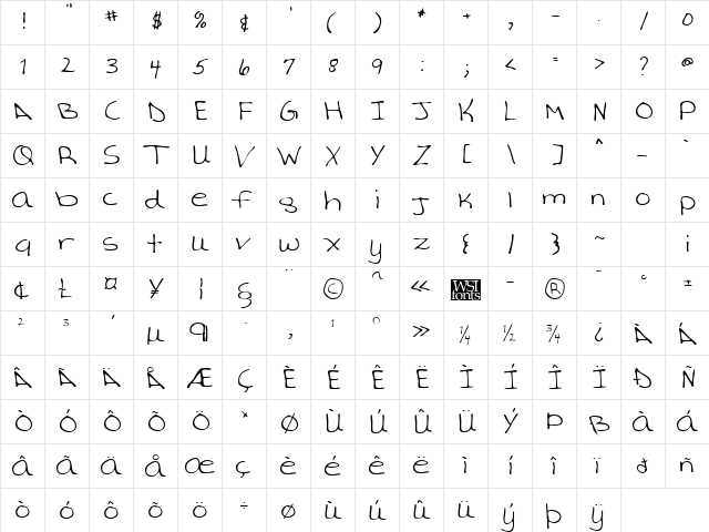 AverysHand Regular  glyph index
