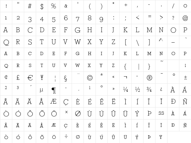 Stymie-Caps-Light Regular  glyph index
