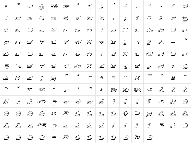 4114 Blaster 3D Italic Italic  glyph index